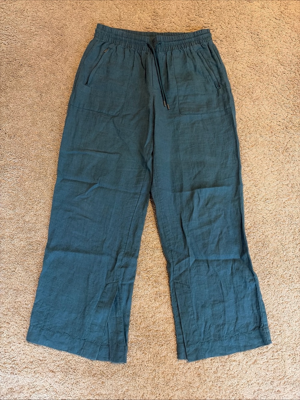 Athleta Retreat 100% Linen Wide Leg Slit Drawstring Pants Size 8 Blue